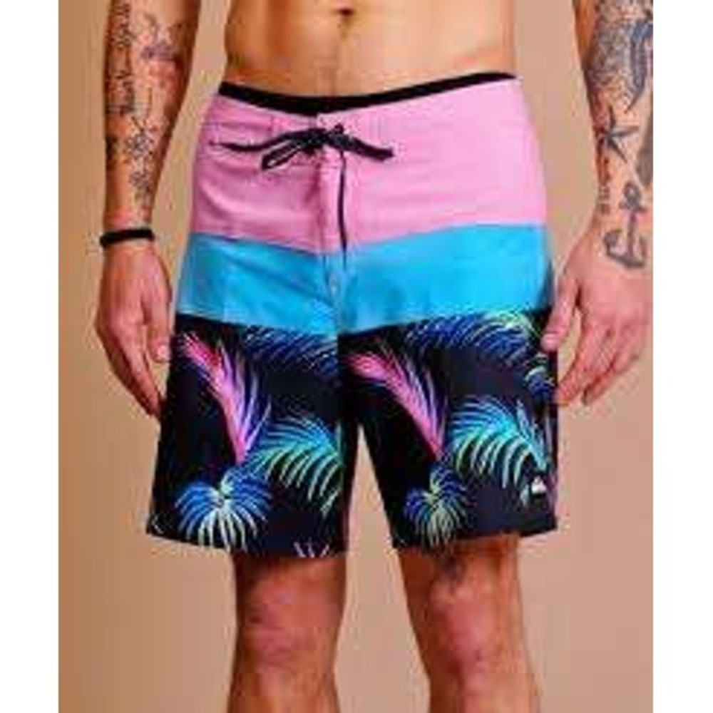 Quiksilver Highline Surfsilk Board Shorts Mens 32 Pink Blue Tropical Palm Leaf